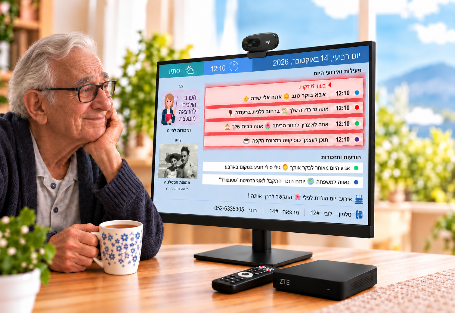 An illustrative scene of a man viewing his personal daily schedule on the MemoApp Memory Station